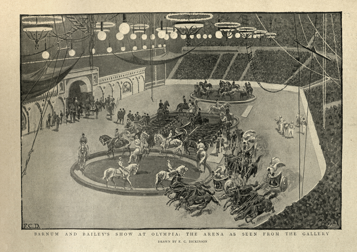 Vintage illustration Barnum and Bailey's show at Olympia, circus horse acrobatics, chariots, Victorian, 1890s 19th Century
