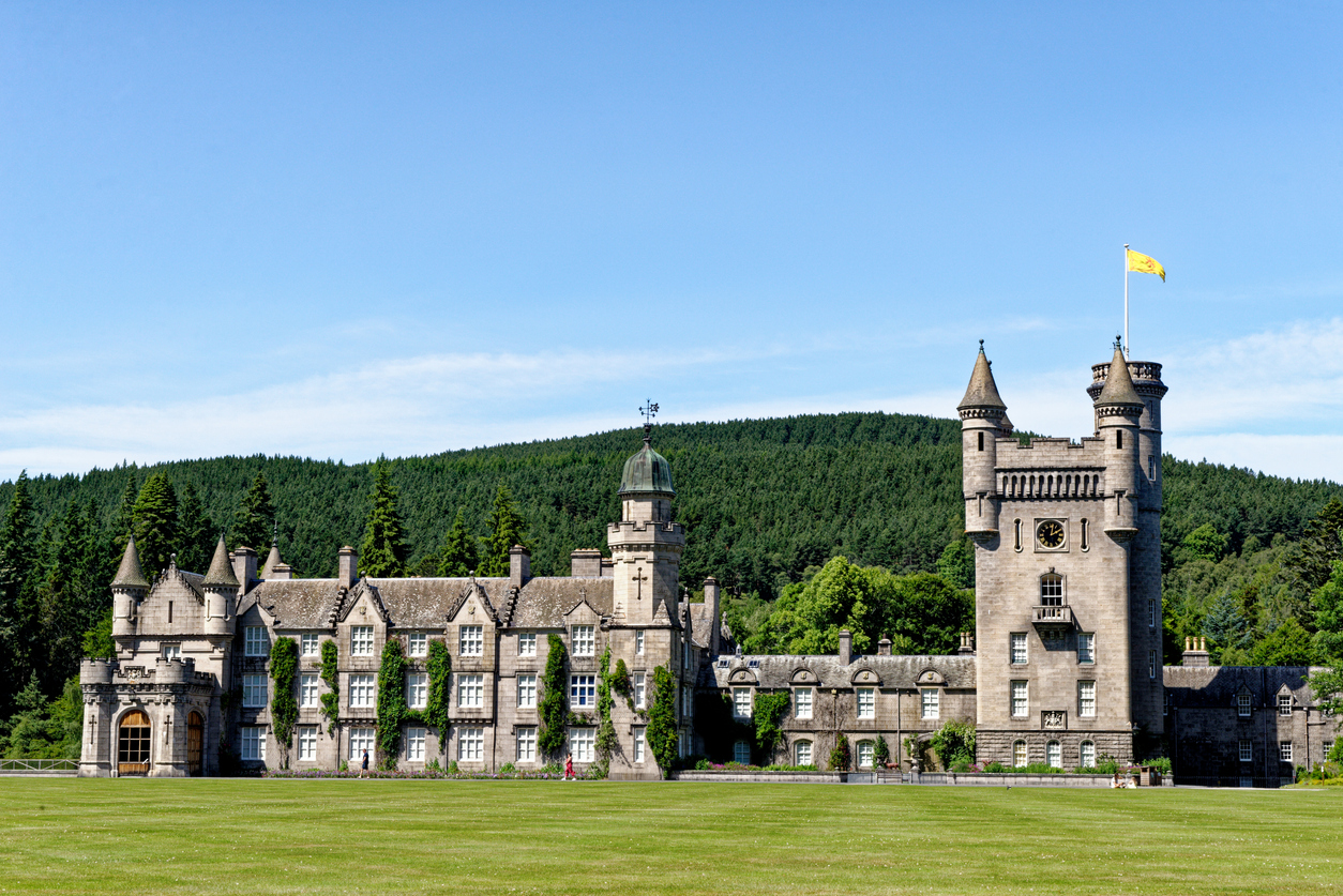 Balmoral Scottish Royal Scots baronial revival style castle and grounds in summer; Europe Great Britain, Scotland, Aberdeenshire, the Balmoral castle, summer residence of the British Royal Family - 17th of July 2021