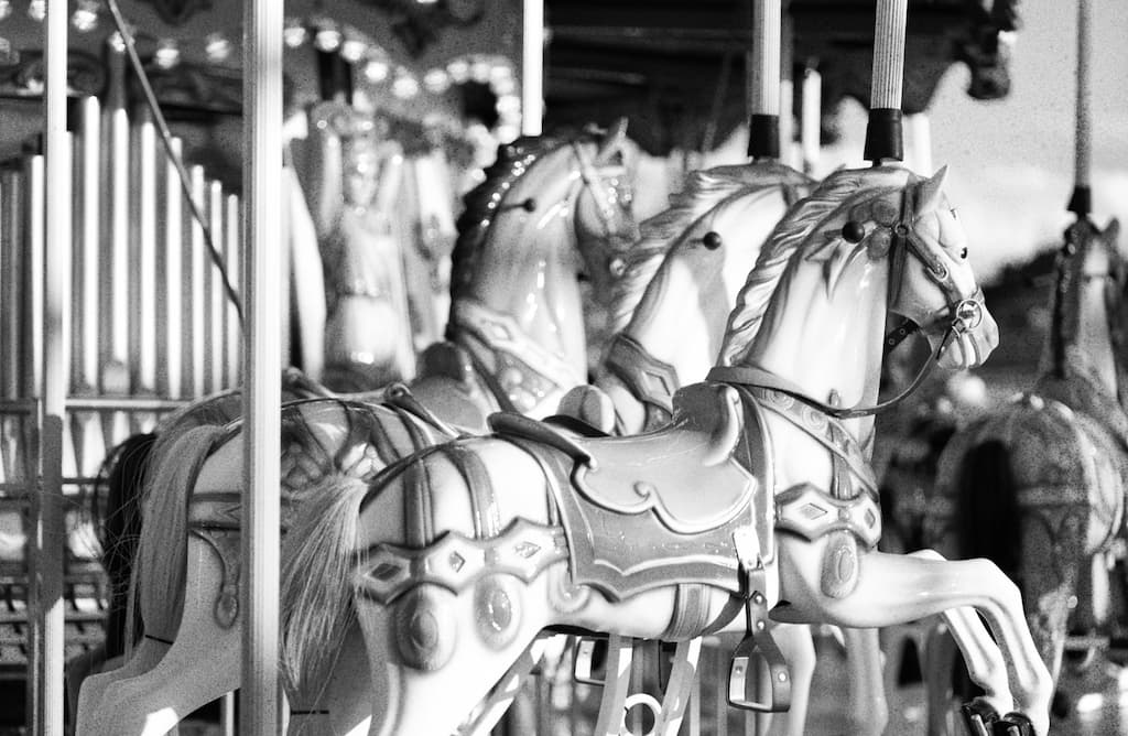 Close-up of carousel horses