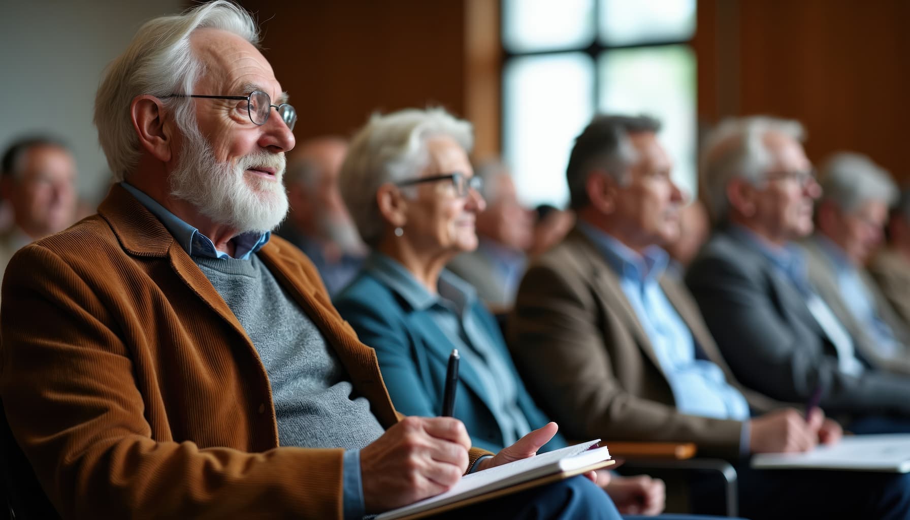 seniors and adults sitting and listening to a presentation